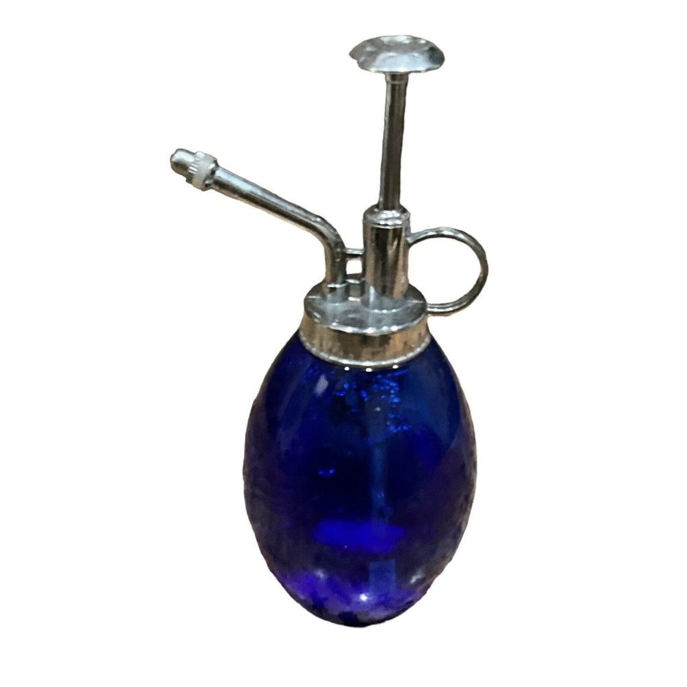 Vtg Water Atomizer Mister Cobalt Blue Glass Silver Metal 7"
